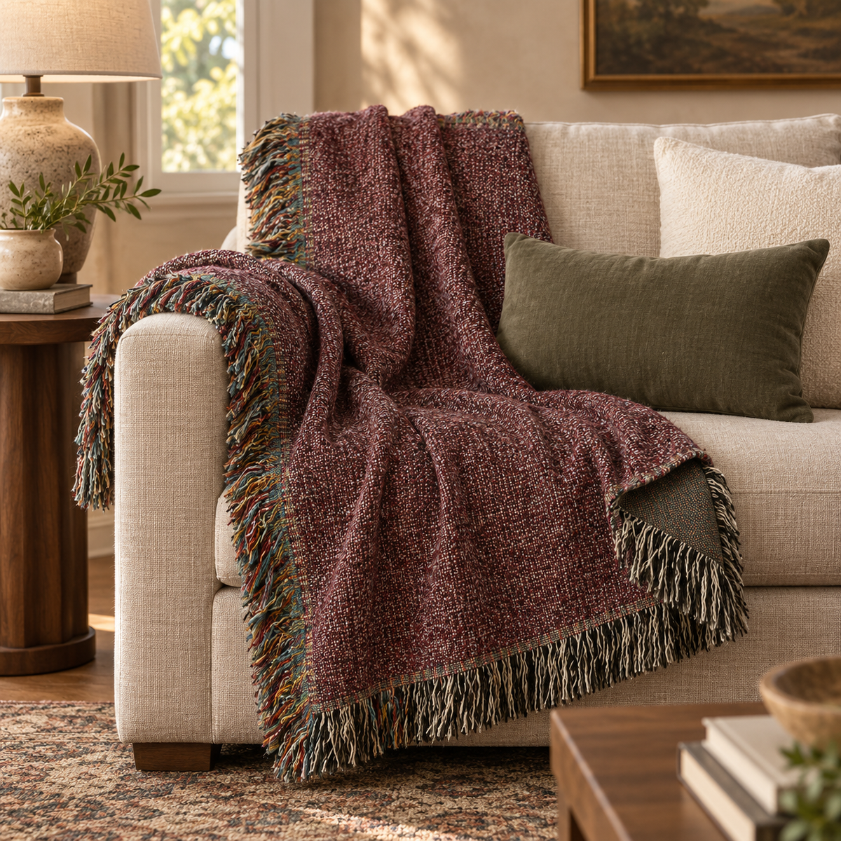Burgundy and Fringe Woven Throw